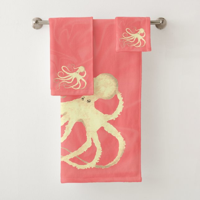 Creme Octopus auf Coral II - Badetuch Set (Insitu)