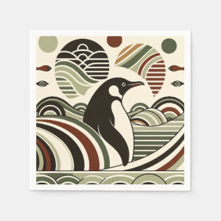 Creme Olive Green Maroon Pinguin Wellen im Art Déc Serviette