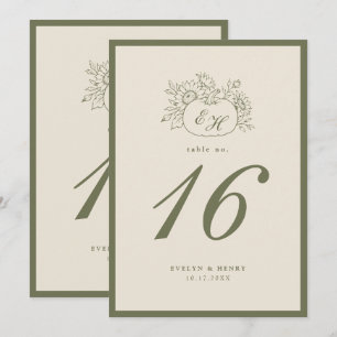 Creme-Olivgrün-Monogramm-Hochzeitstisch-Nummer Einladung