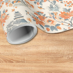 Creme Orange Blumen Haus Chinoiserie Geschenkpapier