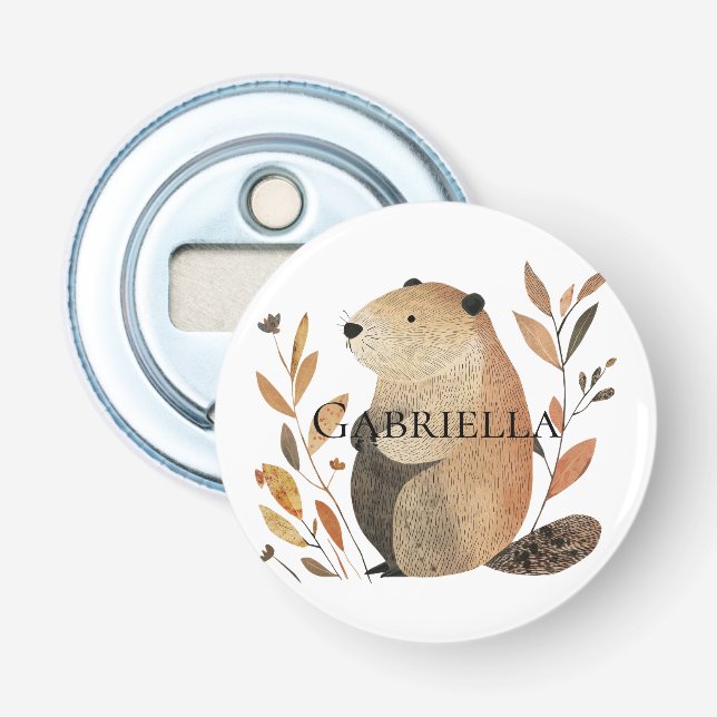 Creme Orange Brown Beaver mit Blätter Flaschenöffner (Vorderseite)