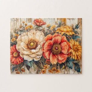 Creme-Pfingstrose und orange Zinnien auf Holz