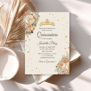 Creme Pfirsich Floral und Gold Tiara Quinceanera Einladung