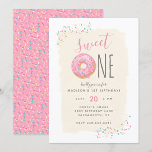 Creme Pink Doughnut Sprinkle Sweet 1st Birthday Einladung