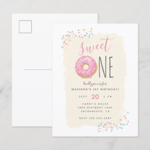 Creme Pink Doughnut Sprinkle Sweet 1st Birthday Einladungspostkarte