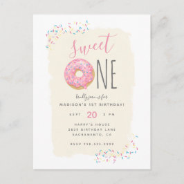 Creme | Pink Doughnut Sprinkle Sweet 1st Birthday Einladungspostkarte