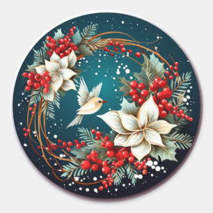 Creme Poinsettie & Winterberry Kranz Runder Aufkleber