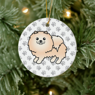 Creme Pomeranian Süßer Cartoon-Hund & Pfoten Keramik Ornament