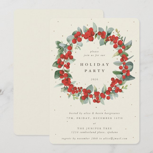 Creme Red Berries+Eucalyptus Wreath Holiday Party Einladung (Vorne/Hinten)