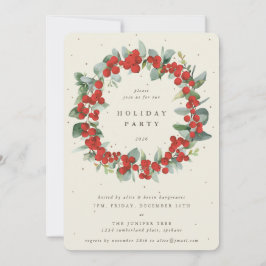 Creme Red Berries+Eucalyptus Wreath Holiday Party Einladung