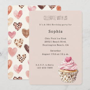 Creme Rosa Herz Cupcake Leopard Geburtstag Einladung