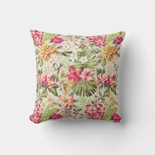 Creme, Rosa und grünes tropisches Blumenmuster Kissen (Vorderseite)