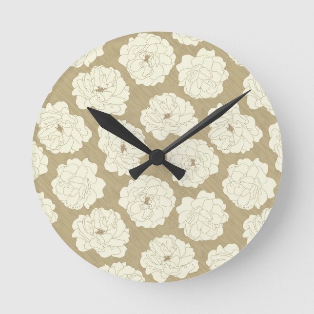 Creme Rose auf Golden Beige - nahtlos. Runde Wanduhr (Vorderseite)