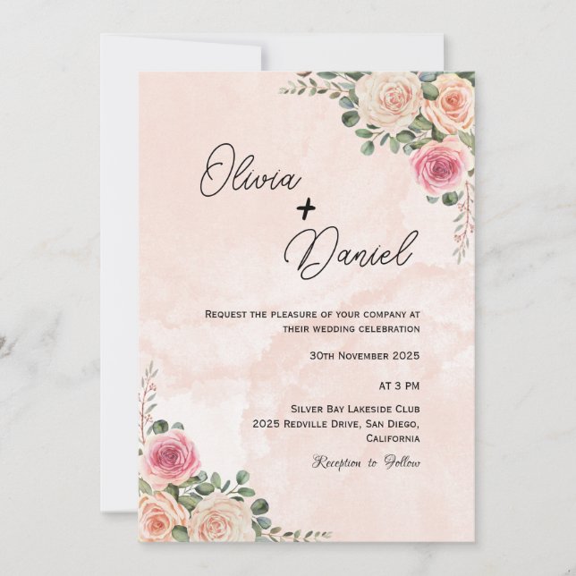 Crème rose Faire-part de mariage Boho Floral (Devant)