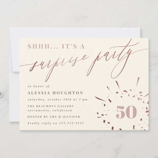 Creme & Rose Gold Script Überraschendes Party Einladung (Vorderseite)