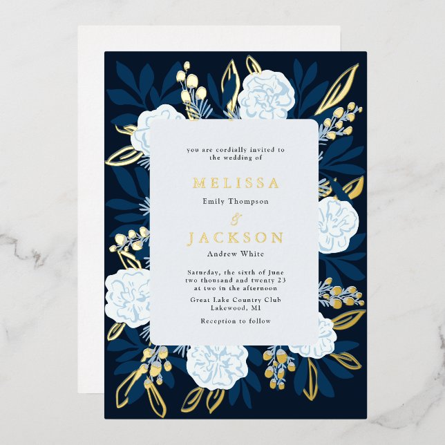 Creme-Rose Hochzeit Blue Foil Einladung (Vorderseite/Rückseite)