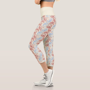 Creme-Rot-Blau Paisley-Muster High-Waist-Caprihose Capri Leggings