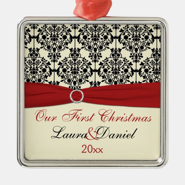Creme, Rot und Schwarz-Damast-Hochzeits-Andenken Ornament Aus Metall (Vorne)
