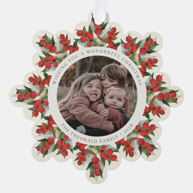 Creme-Rote-Beeren+Grün-Weihnachtspapier Ornament Karte (Vorderseite)