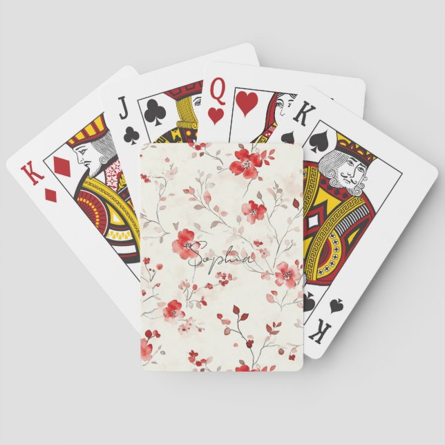 Creme Rote Blumen   Spielkarten (Rückseite)