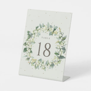 Creme Schneebeere + Eukalyptus Hochzeitstischnumme Sockelschild