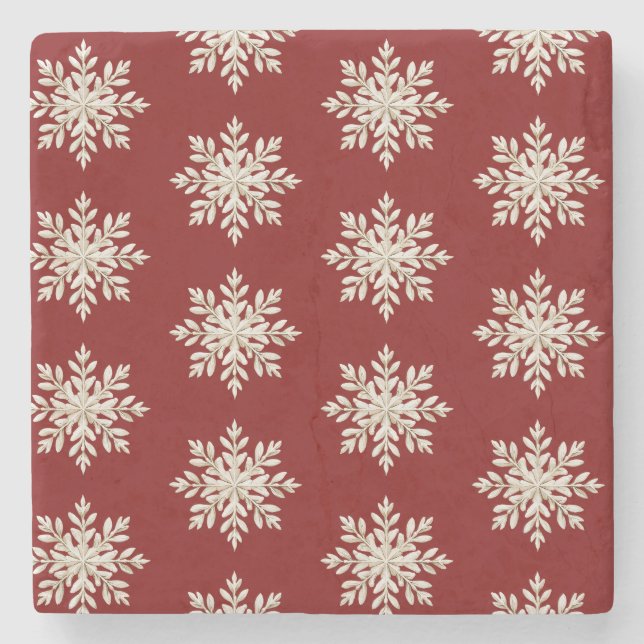 Creme-Schneeflocken-Rot-Weihnachten Steinuntersetzer (Vorderseite)