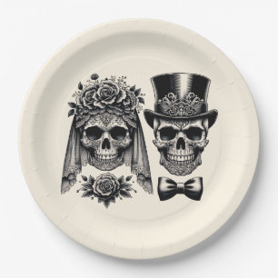 Creme Schwarz & Gold Vintage Skelett Hochzeit Pappteller