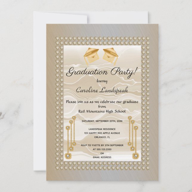 Creme Silk & Pearls Graduate Light Orange Metallic Einladung (Vorderseite)