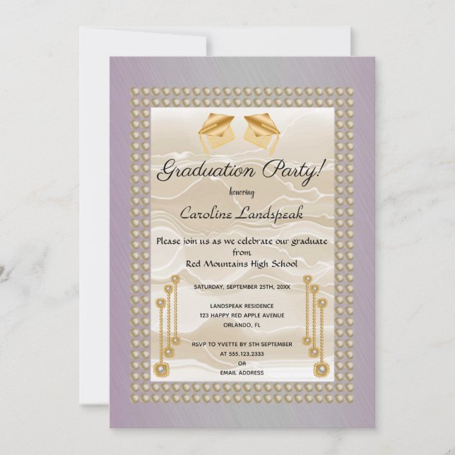 Creme Silk & Pearls Graduate Pink Metallic Einladung (Vorderseite)