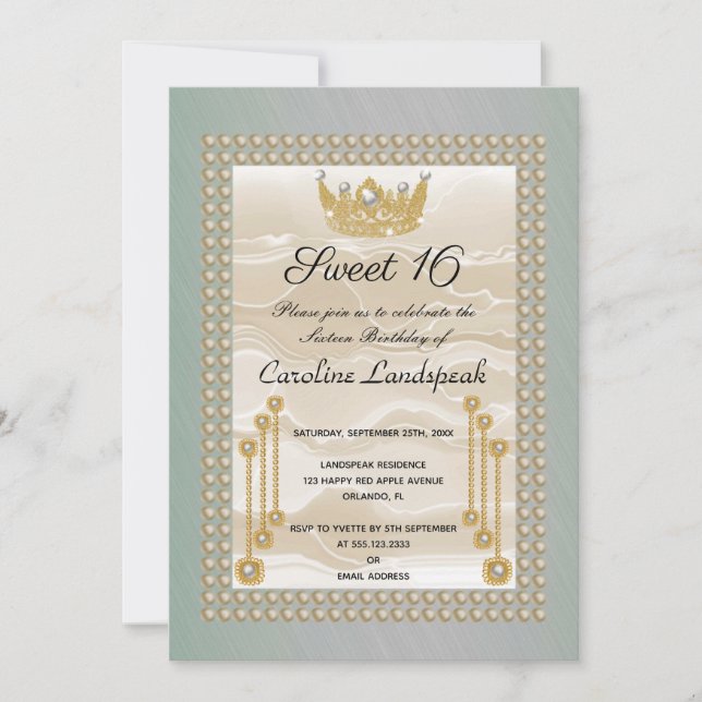 Creme Silk Sweet 16 Pearl Crown Green Metallic Einladung (Vorderseite)
