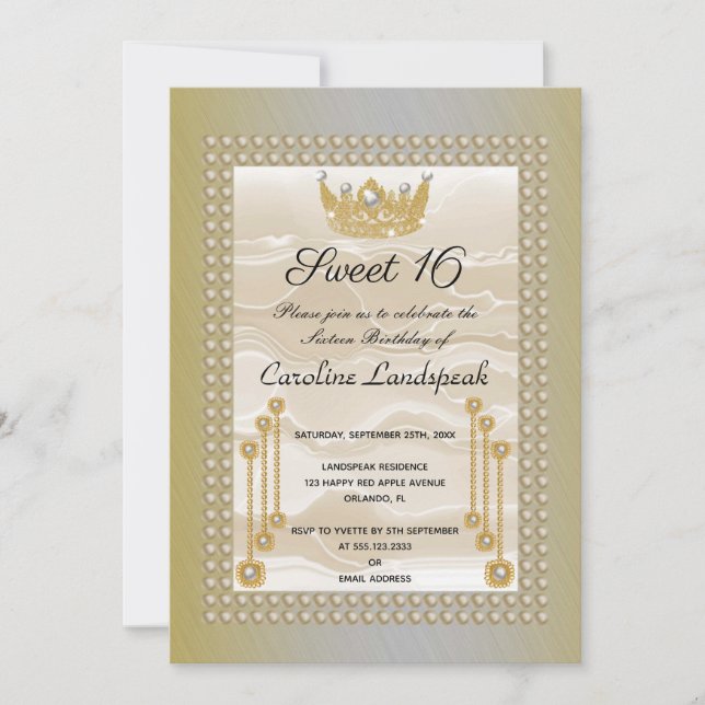 Creme Silk Sweet 16 Pearl Crown Yellow Metallic Einladung (Vorderseite)