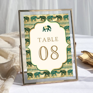 Creme Smaragdgrün Gold Elefant Indische Hochzeit Tischnummer