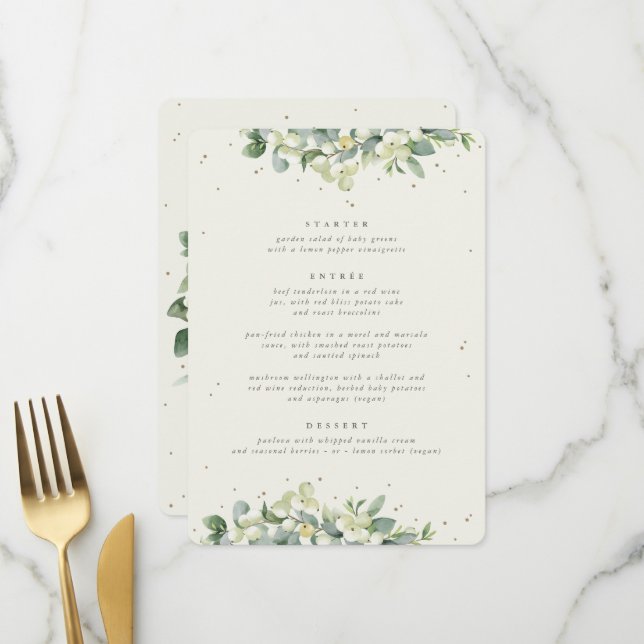 Creme Snowberry + Eukalyptus 3 Kurs Hochzeit Menükarte (Vorderseite/Rückseite Beispiel)