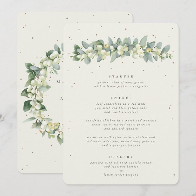 Creme Snowberry + Eukalyptus 3 Kurs Hochzeit Menükarte (Vorne/Hinten)