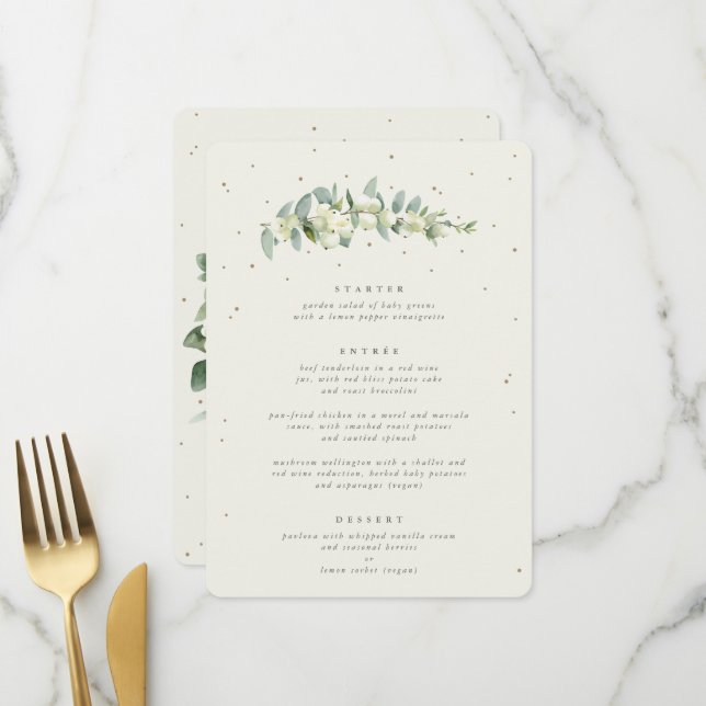 Creme Snowberry + Eukalyptus 3 Kurs Hochzeit Menükarte (Vorderseite/Rückseite Beispiel)