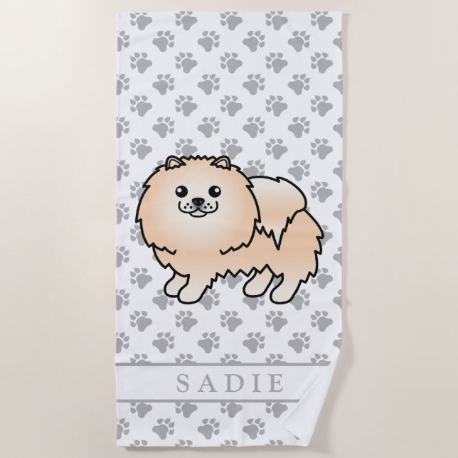 Creme Spitz Niedlich Cartoon Dog & Name Strandtuch (Vorderseite)
