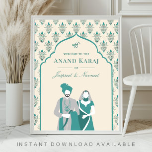 Creme Teal Anand Karaj Sikh Hochzeits Willkommenss Poster
