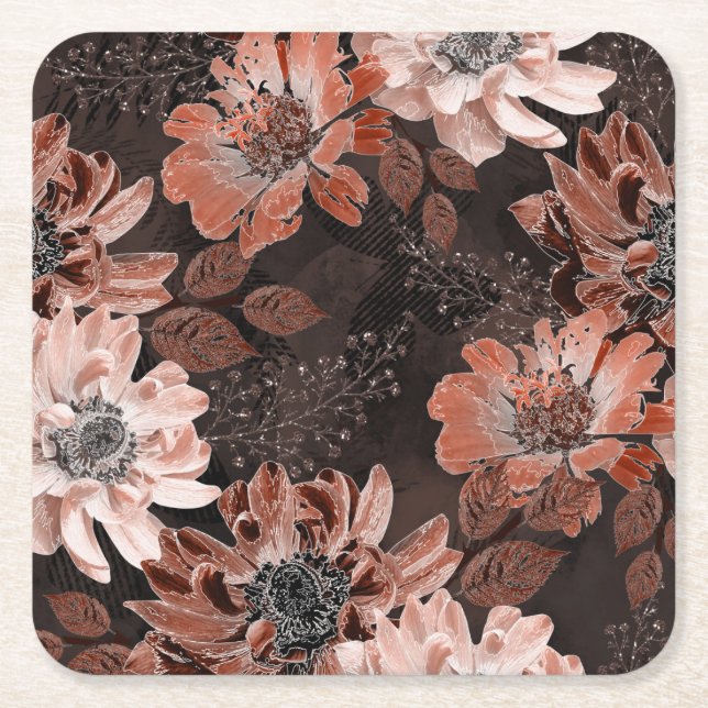 Creme, Teracote-Blume auf dunkelbraunem Hintergrun Rechteckiger Pappuntersetzer (Vorderseite)