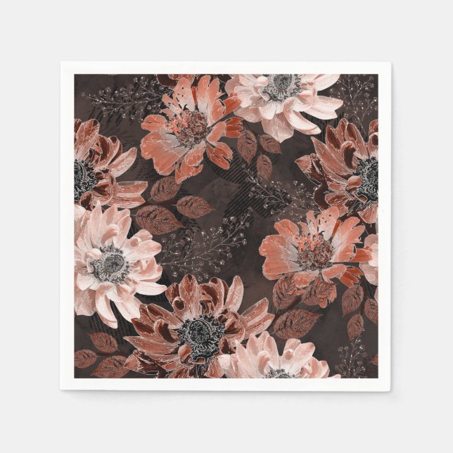 Creme, Teracote-Blume auf dunkelbraunem Hintergrun Serviette (Vorderseite)