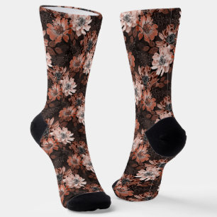 Creme, Teracote-Blume auf dunkelbraunem Hintergrun Socken