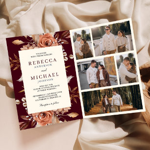 Creme Terrakotta Blumen QR Code Burgunder Hochzeit Einladung