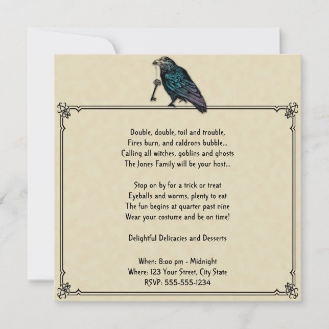 Creme und Black Raven Halloween-Party Einladung (Vorderseite)