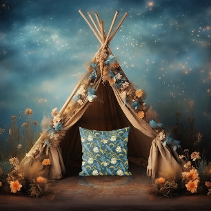 Creme und Blauer Flora Art Nouveau Kissen