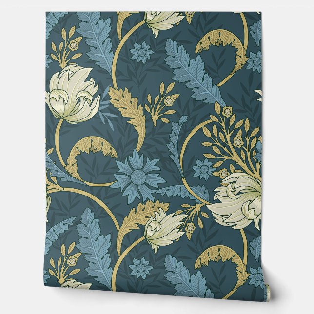 Creme und Blauer Flora Art Nouveau Tapete (Abrollen)
