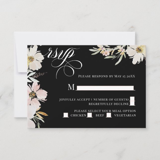 Creme und Blush Wasserfarbe Blume Schwarz RSVP Karte (Vorderseite)
