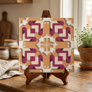 Creme und Burgundy Red Symmetric Geometric Fliese