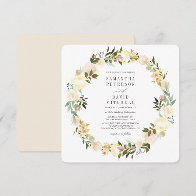 Creme und Elfenbein | Botanische Garland-Hochzeit Einladung (Vorne/Hinten)