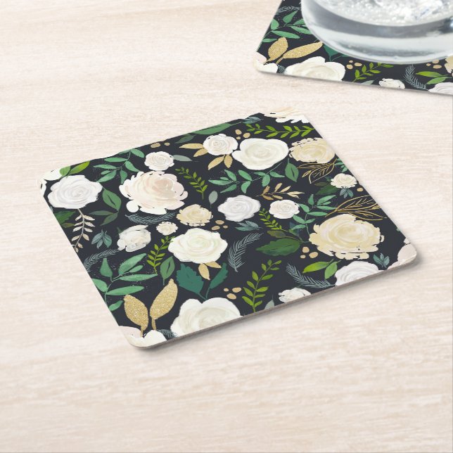 Creme und Elfenbeinfloral Muster mit Glitzer Black Rechteckiger Pappuntersetzer (angewinkelt)