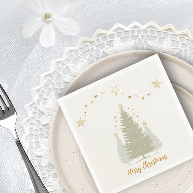 Creme und Gold Weihnachtsbaum und Sterne Serviette (Cream and Gold Christmas Tree and Stars Napkins)