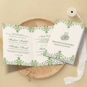 Creme und Grün Damast Islamische Muslimische Hochz Einladung